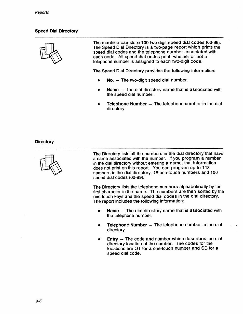 Speed dial directory, One touch dial directory -5, Reports | Xerox 7042 User Manual | Page 112 / 182