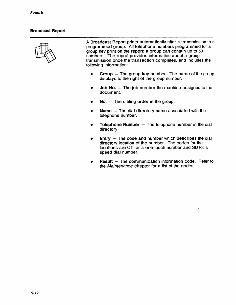 Broadcast report, Broadcast report -12, Maintenance | Reports | Xerox 7042 User Manual | Page 118 / 182