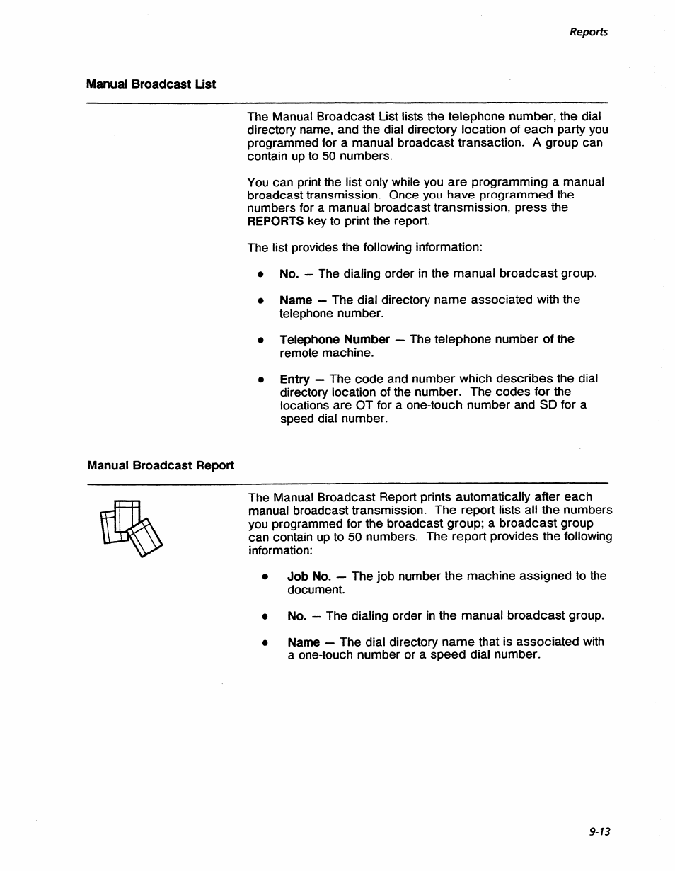 Manual broadcast list, Manual broadcast list -13, Reports | Xerox 7042 User Manual | Page 119 / 182