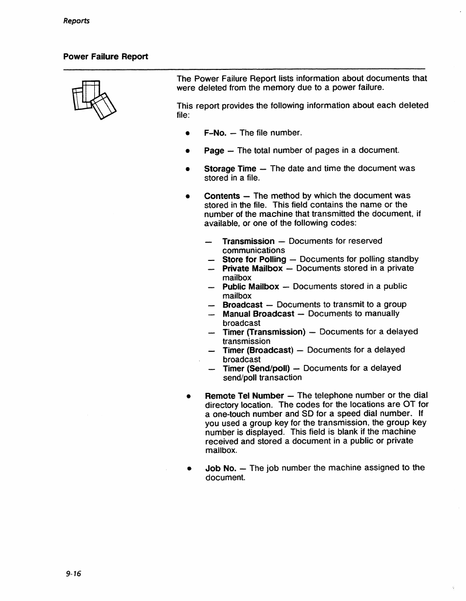 Power failure report, Power failure report -16, Reports | Xerox 7042 User Manual | Page 122 / 182