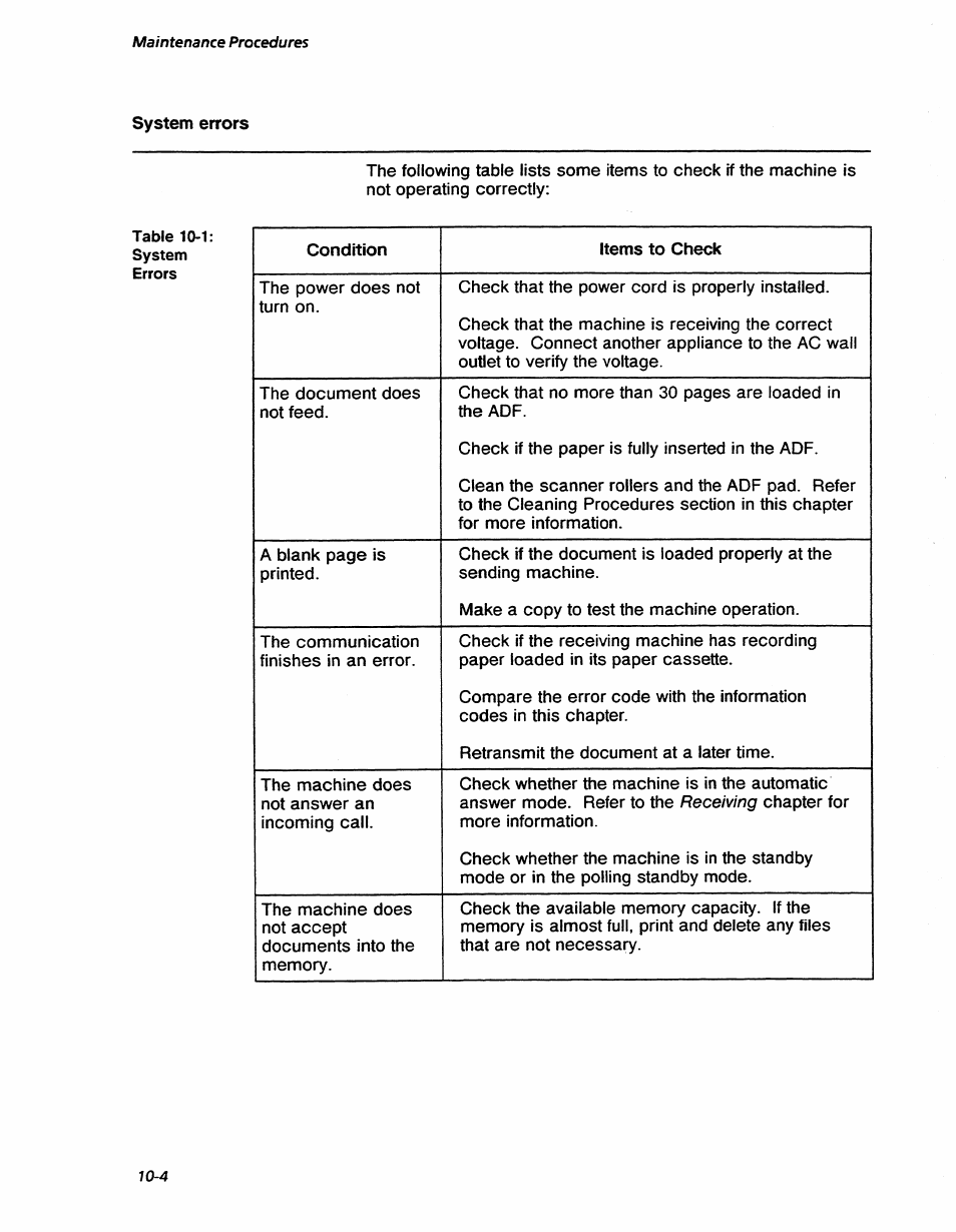 System errors, System errors -4, Receiving | Maintenance procedures | Xerox 7042 User Manual | Page 126 / 182