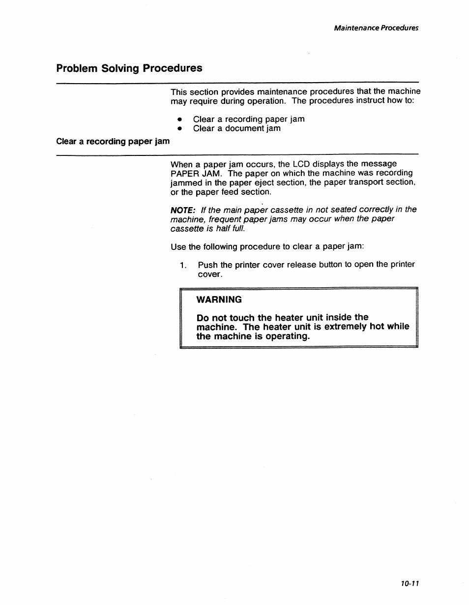 Problem solving procedures, Clear a recording paper jam, Warning | Problem solving procedures -11, Clear a recording paper jam -11, Maintenance procedures | Xerox 7042 User Manual | Page 133 / 182