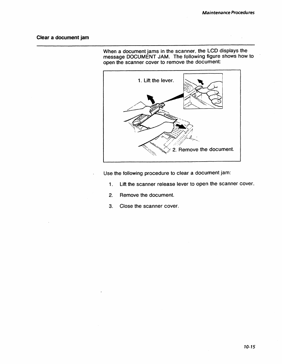 Clear a document jam, Clear a document jam -15, Maintenance procedures | Xerox 7042 User Manual | Page 137 / 182