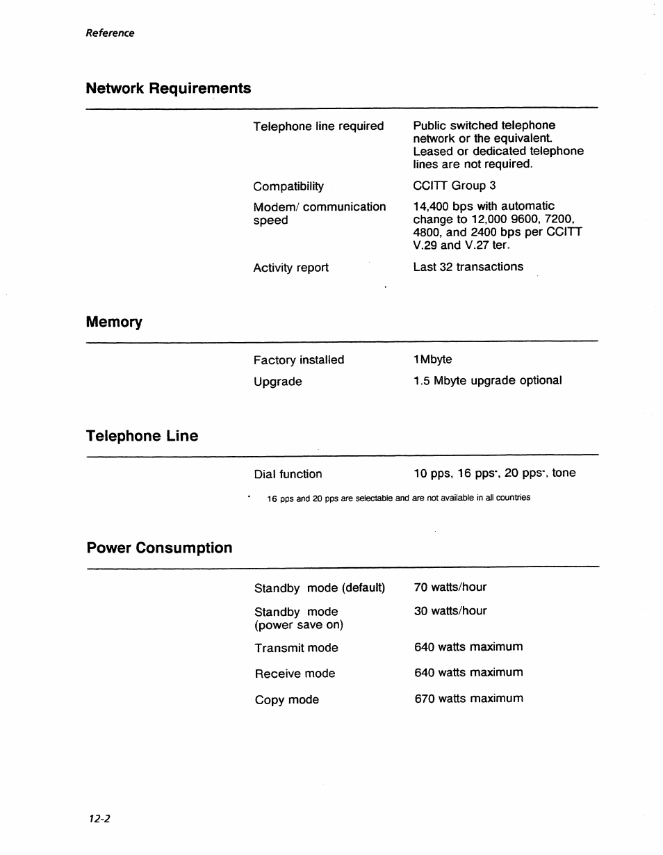 Network requirements, Memory, Telephone line | Power consumption, Network requirements -2 memory -2, Telephone line -2, Power consumption -2, Reference | Xerox 7042 User Manual | Page 174 / 182
