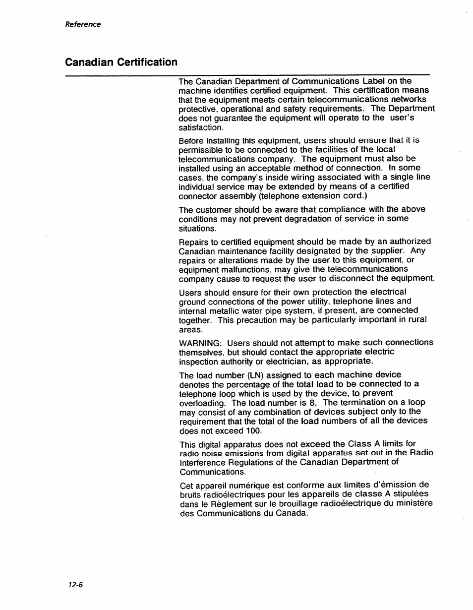 Canadian certification, Canadian certification -6, Reference | Xerox 7042 User Manual | Page 178 / 182