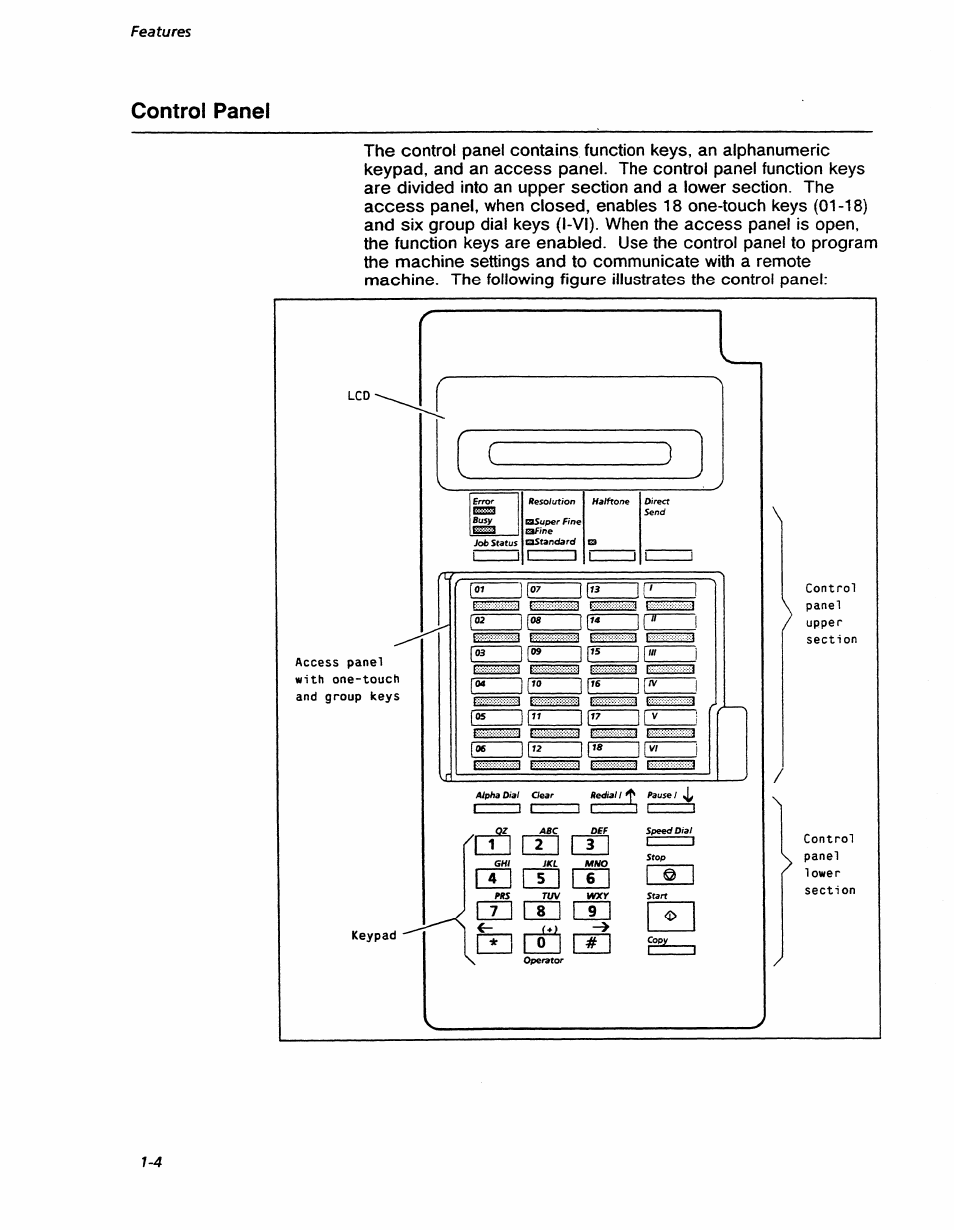 Control panel, Control panel -4, Features | Xerox 7042 User Manual | Page 18 / 182