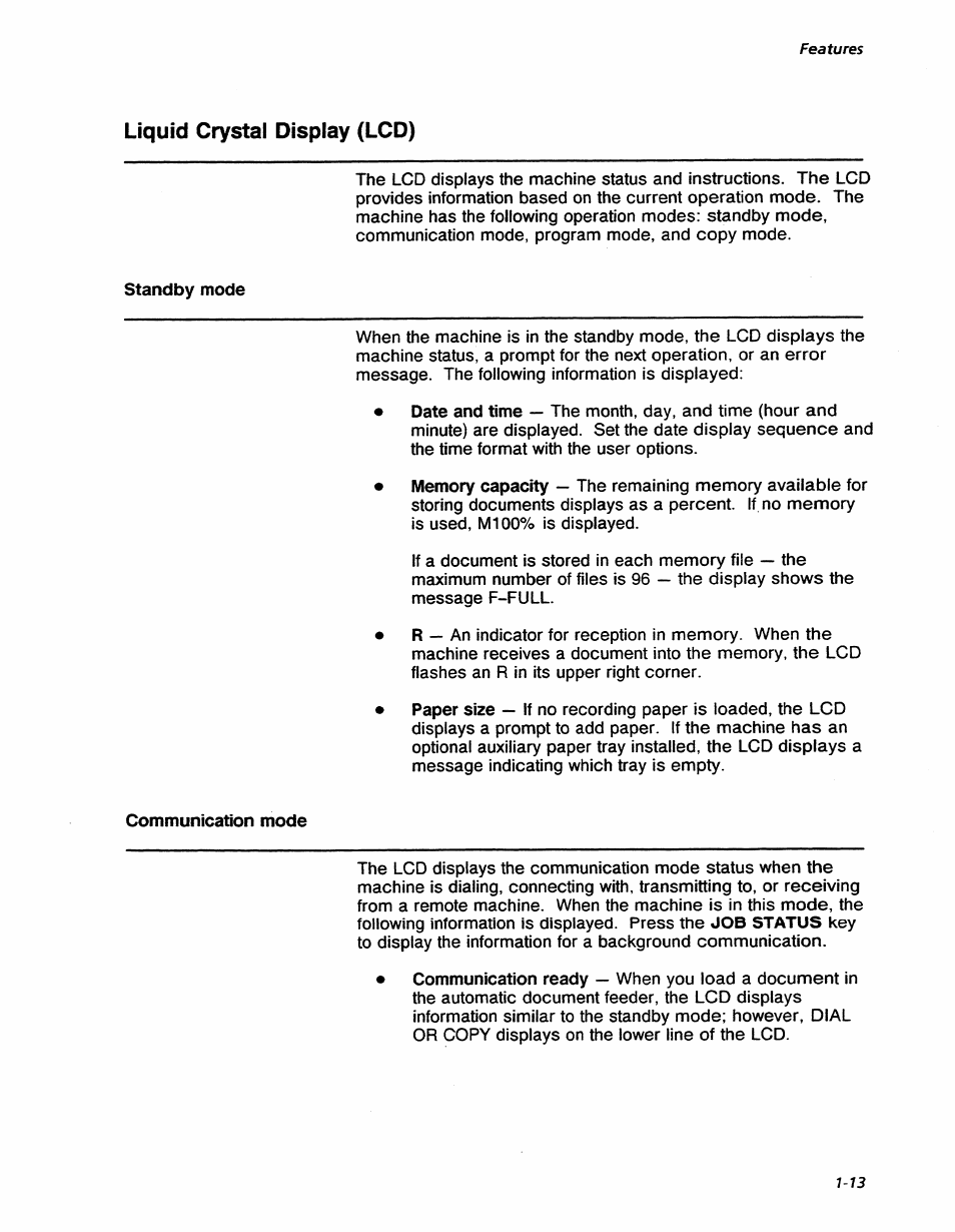 Liquid crystal display (lcd), Liquid crystal display (lcd) -13, Features | Xerox 7042 User Manual | Page 27 / 182