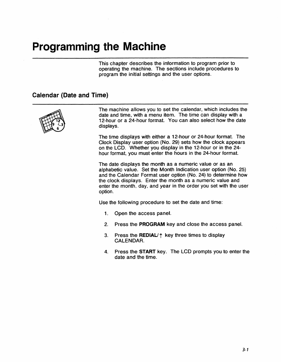 Programming the machine, Calendar (date and time), Programming the machine -i | Calendar (date and time) -1 | Xerox 7042 User Manual | Page 35 / 182