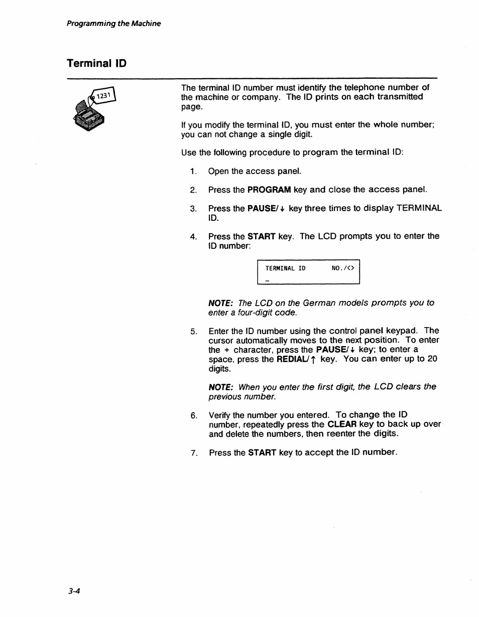 Terminal id, Terminal id -4, Programming the machine | Xerox 7042 User Manual | Page 38 / 182