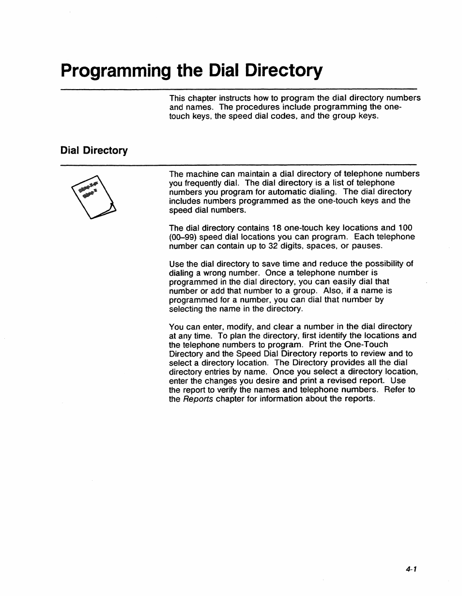 Programming the dial directory, Dial directory, Programming the dial directory -i | Dial directory -1, Reports | Xerox 7042 User Manual | Page 47 / 182