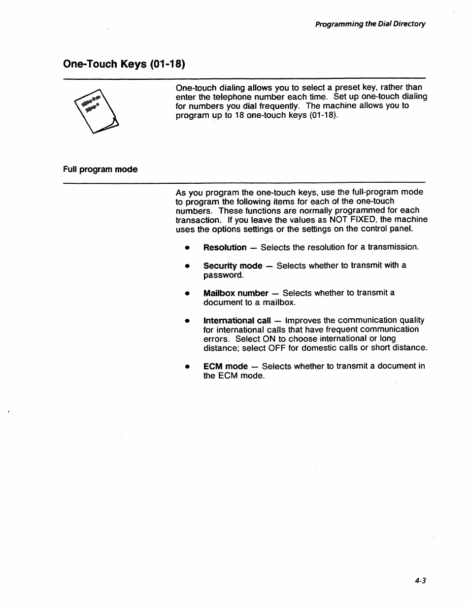 One-touch keys (01-18), One-touch keys (01-18) -3, Programming the dial directory | Xerox 7042 User Manual | Page 49 / 182