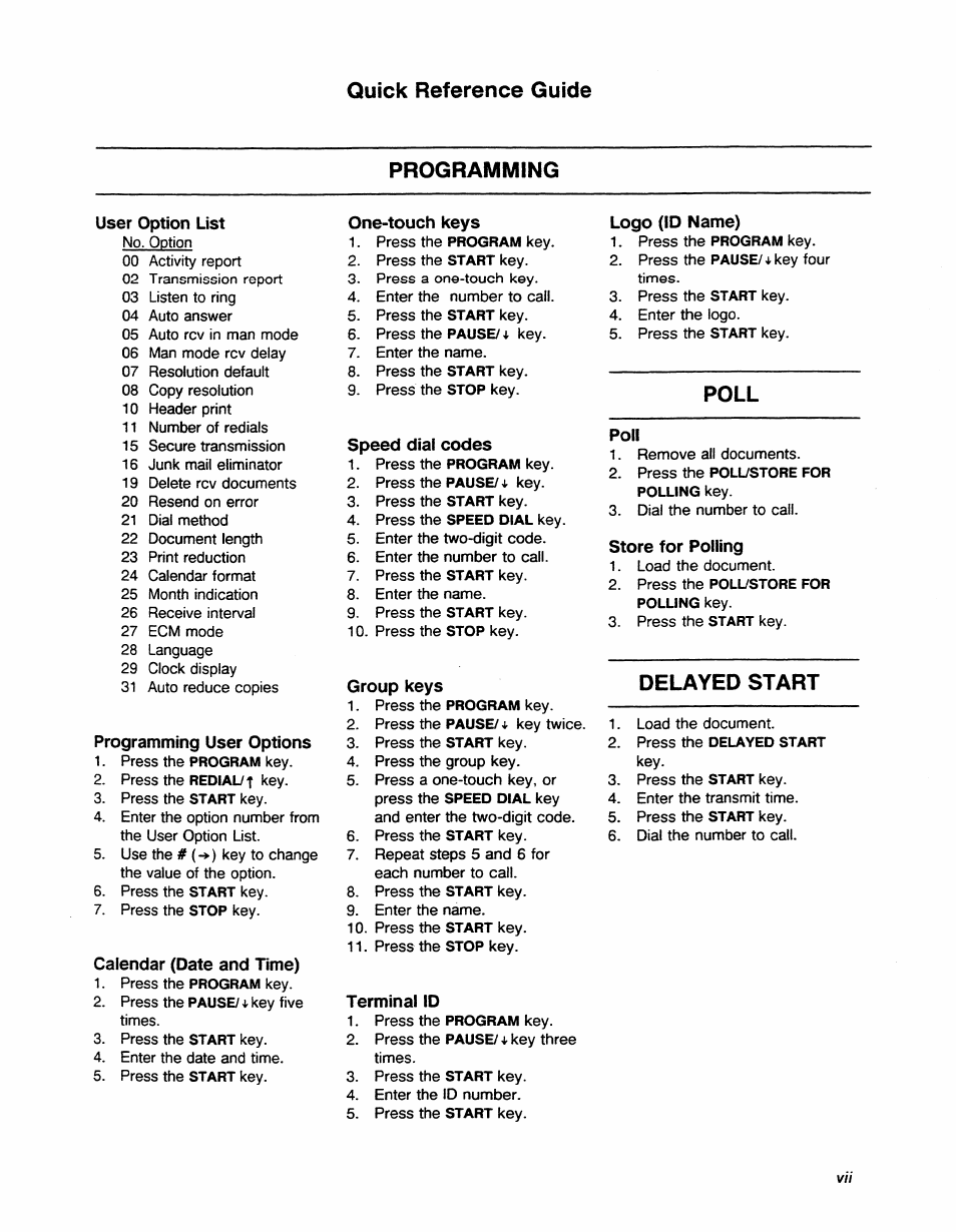 Quick reference guide, Programming, User option list | Programming user options, Calendar (date and time), One-touch keys, Speed dial codes, Group keys, Terminal id, Logo (id name) | Xerox 7042 User Manual | Page 5 / 182