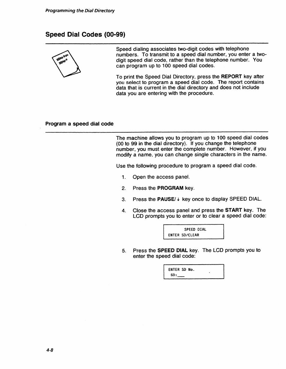 Speed dial codes (00-99), Speed dial codes (00-99) -8, Programming the dial directory | Xerox 7042 User Manual | Page 54 / 182