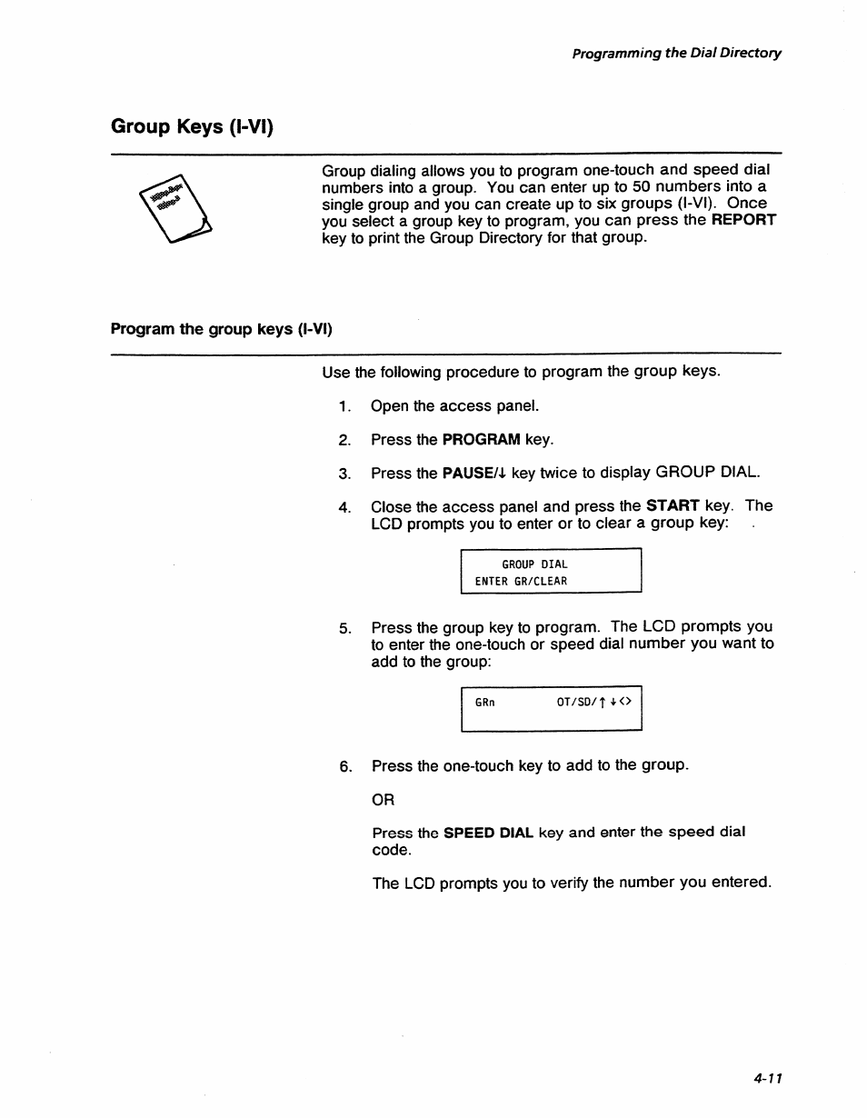 Group keys (i-vi), Group keys (l-vi) -11, Programming the dial directory | Xerox 7042 User Manual | Page 57 / 182