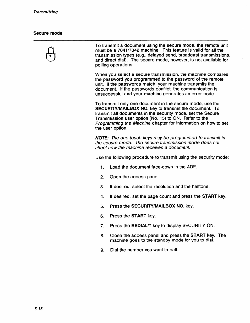 Secure mode, Programming the machine, Transmitting | Xerox 7042 User Manual | Page 78 / 182
