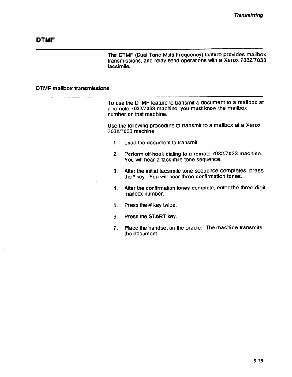 Dtmf, Dtmf -19, Transmitting | Xerox 7042 User Manual | Page 81 / 182