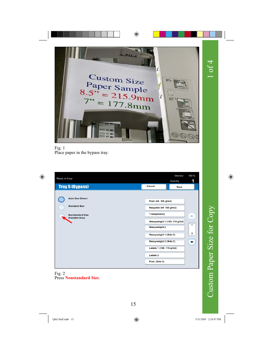 Custom paper size for copy, 1 of 4 | Xerox DocuColor 240 User Manual | Page 17 / 47