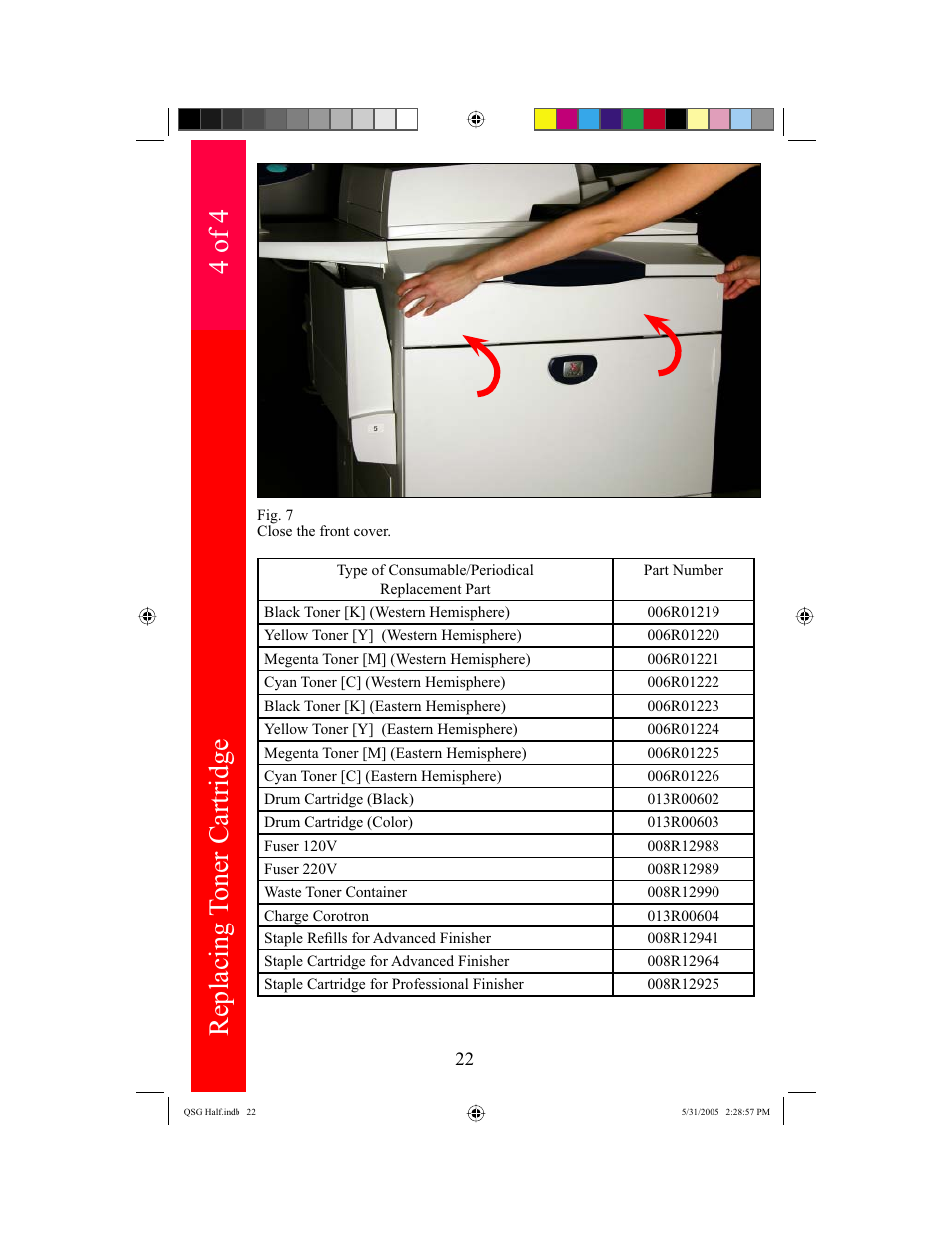 Replacing t o ner cartridge, 4 of 4 | Xerox DocuColor 240 User Manual | Page 24 / 47