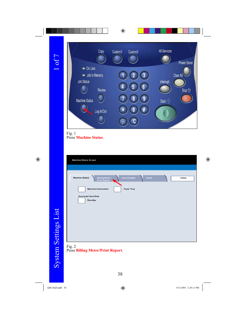 System settings list, 1 of 7 | Xerox DocuColor 240 User Manual | Page 40 / 47