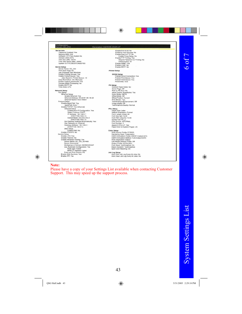 System settings list, 6 of 7 | Xerox DocuColor 240 User Manual | Page 45 / 47