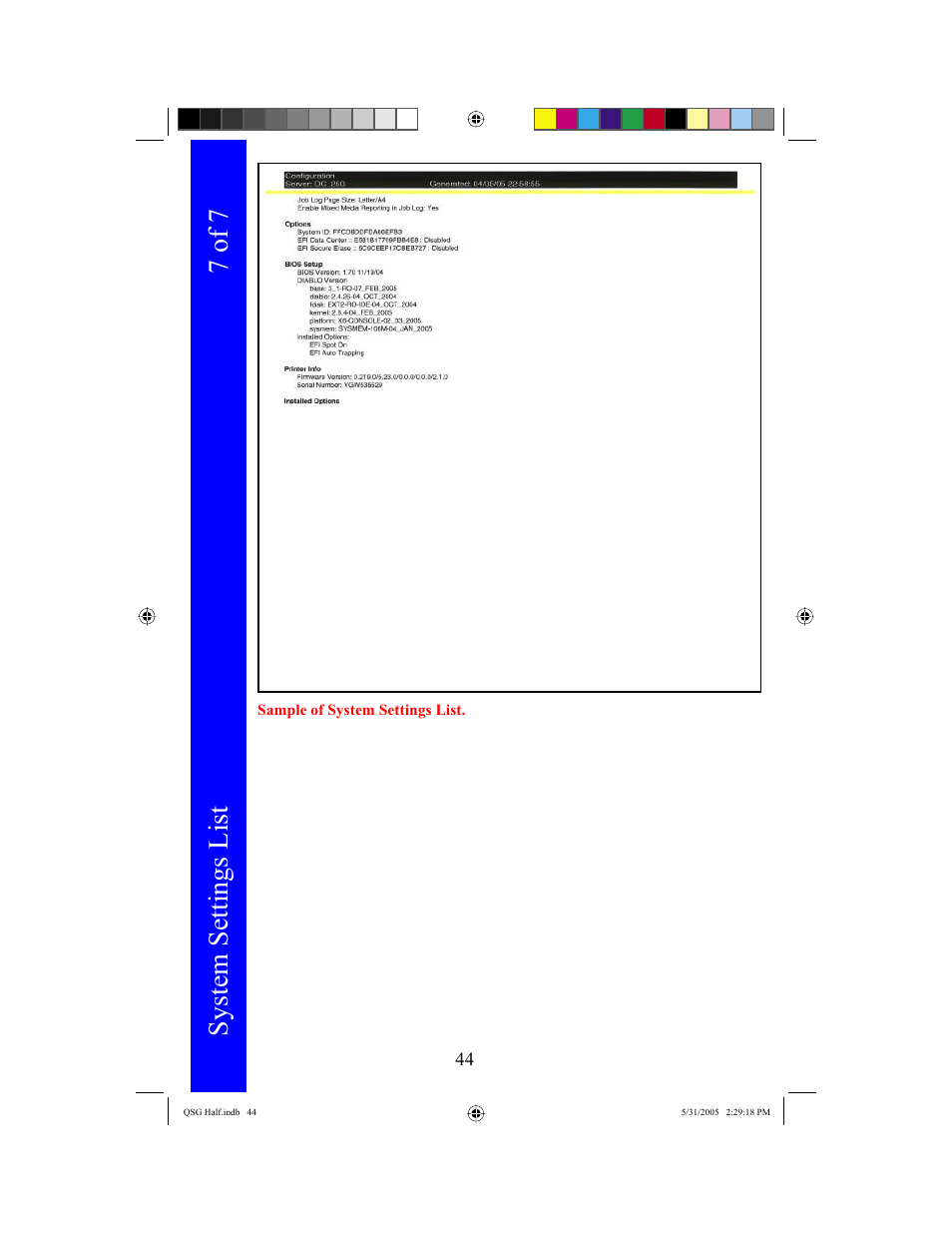 System settings list, 7 of 7 | Xerox DocuColor 240 User Manual | Page 46 / 47