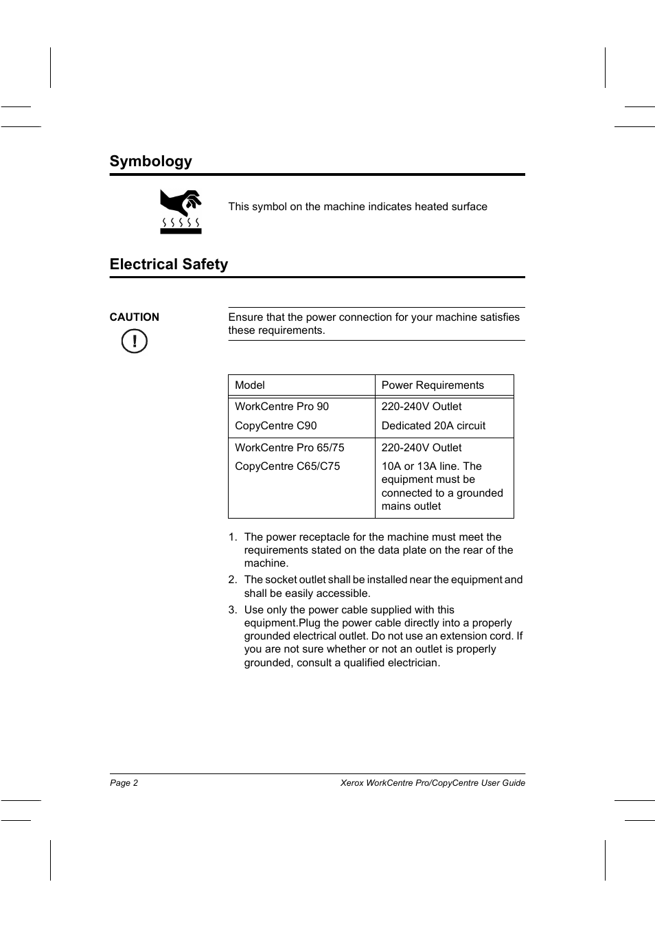 Symbology, Electrical safety, Symbology electrical safety | Xerox WorkCentre Pro 75  EN User Manual | Page 16 / 99