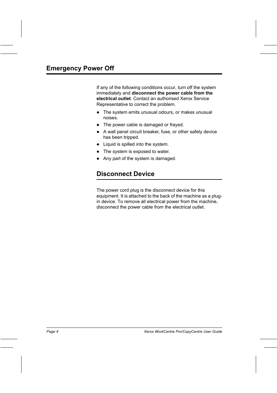 Emergency power off, Disconnect device | Xerox WorkCentre Pro 75  EN User Manual | Page 18 / 99