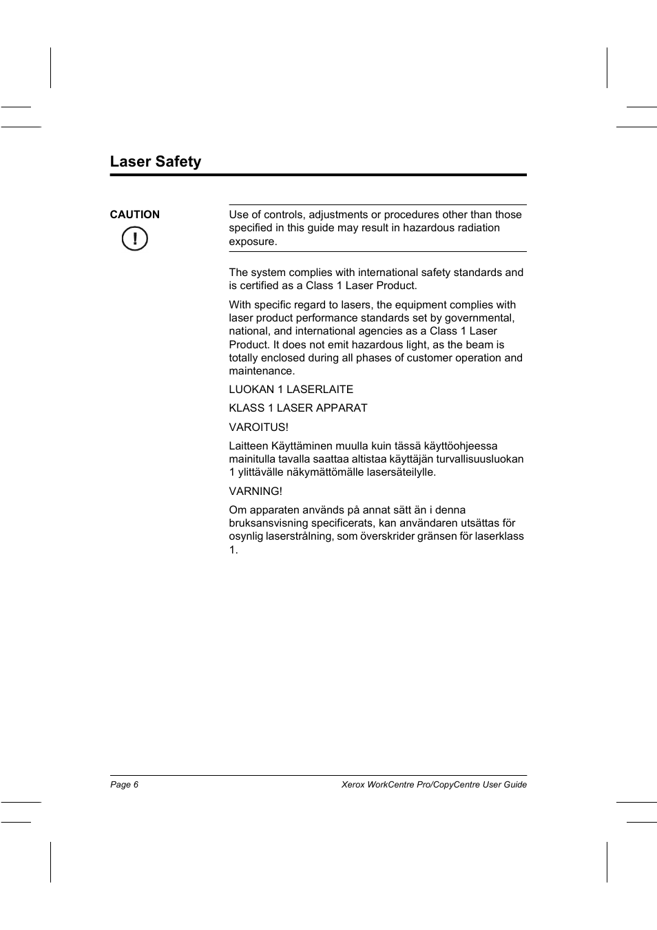 Laser safety | Xerox WorkCentre Pro 75  EN User Manual | Page 20 / 99