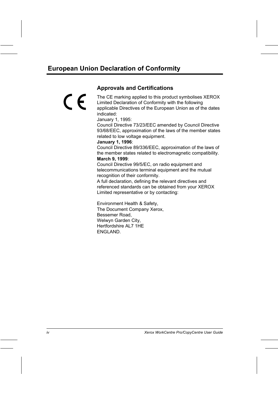 Notices, European union declaration of conformity | Xerox WorkCentre Pro 75  EN User Manual | Page 4 / 99
