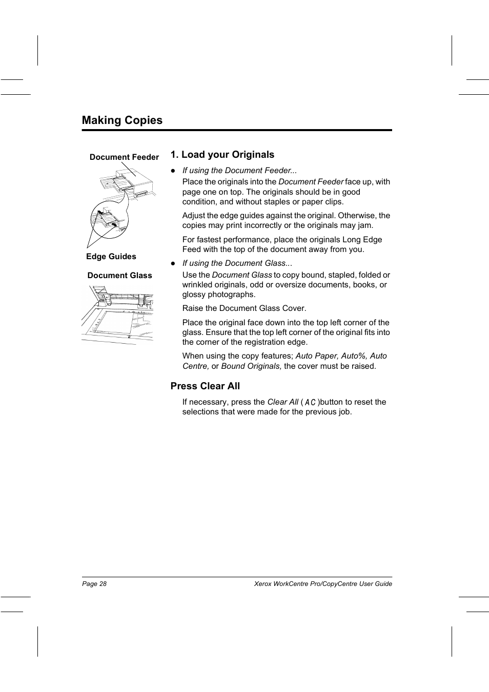 Making copies, Load your originals, Press clear all | Xerox WorkCentre Pro 75  EN User Manual | Page 42 / 99