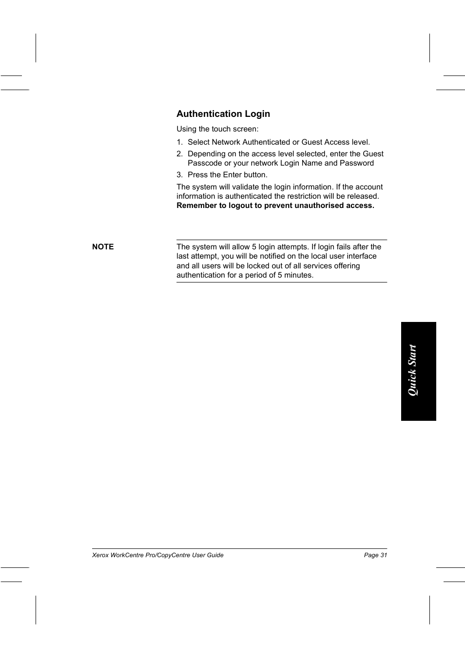 Authentication login, Qui ck sta rt | Xerox WorkCentre Pro 75  EN User Manual | Page 45 / 99