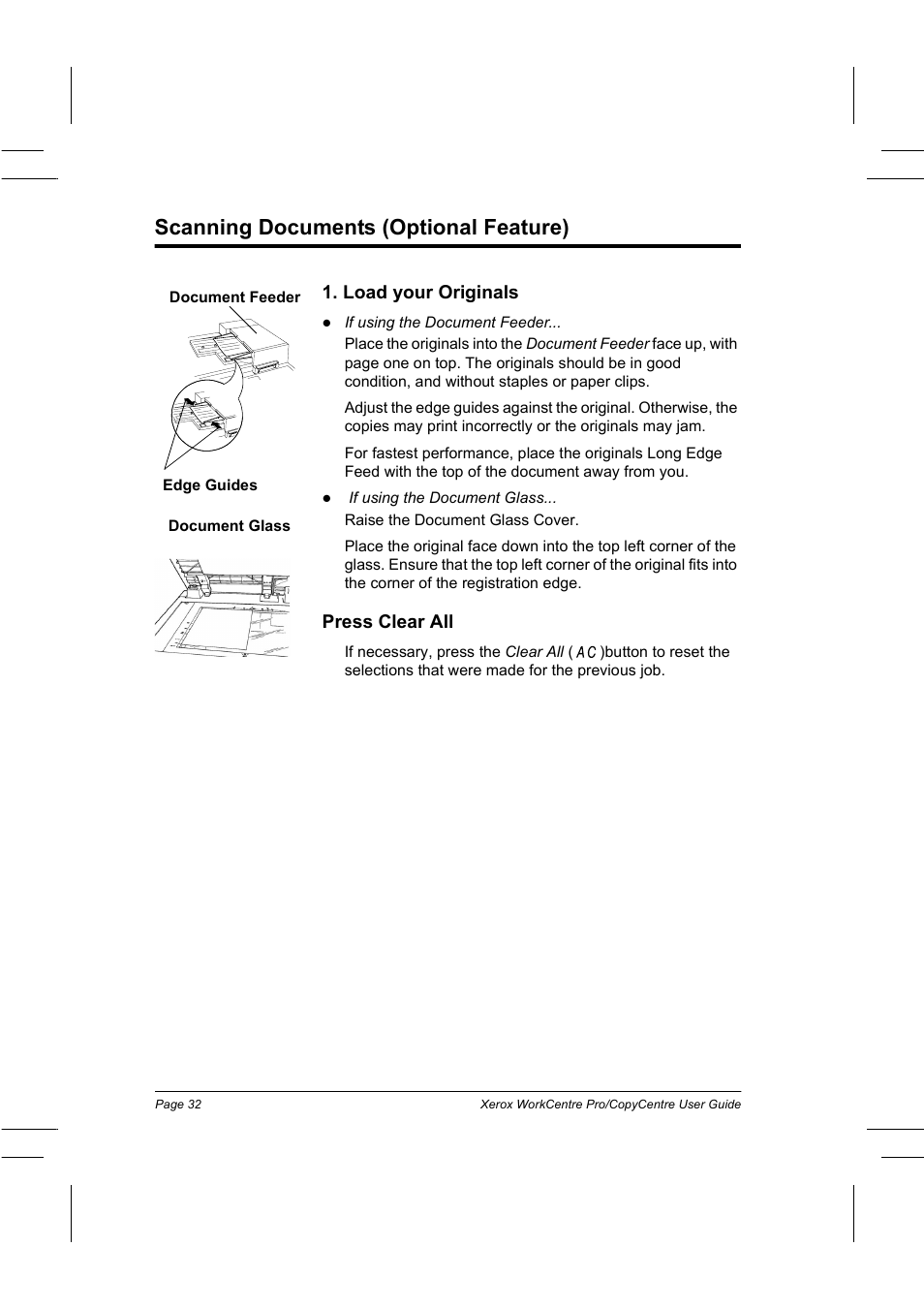 Scanning documents (optional feature), Load your originals, Press clear all | Xerox WorkCentre Pro 75  EN User Manual | Page 46 / 99