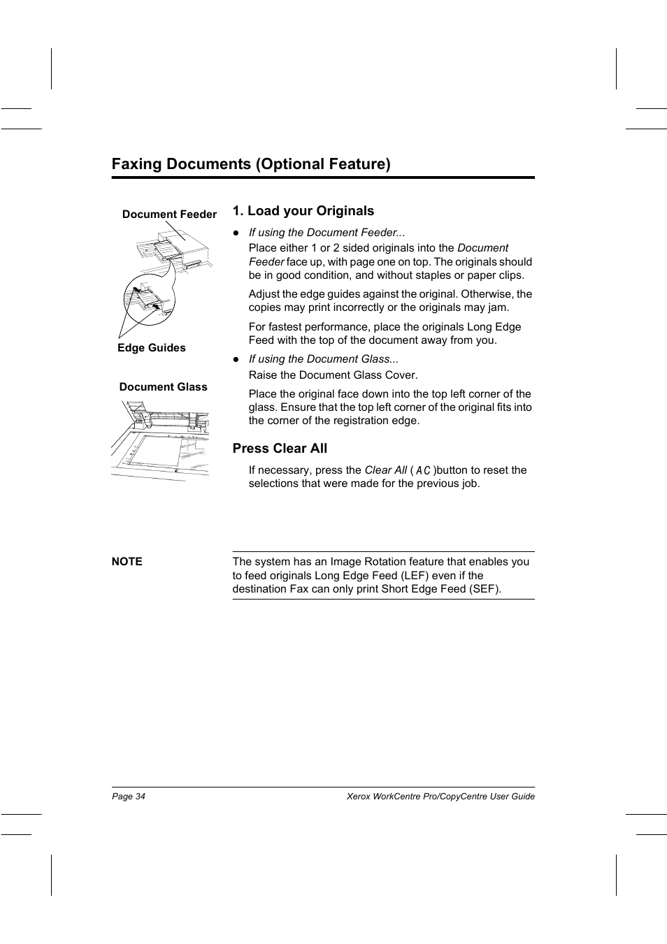 Faxing documents (optional feature), Load your originals, Press clear all | Xerox WorkCentre Pro 75  EN User Manual | Page 48 / 99