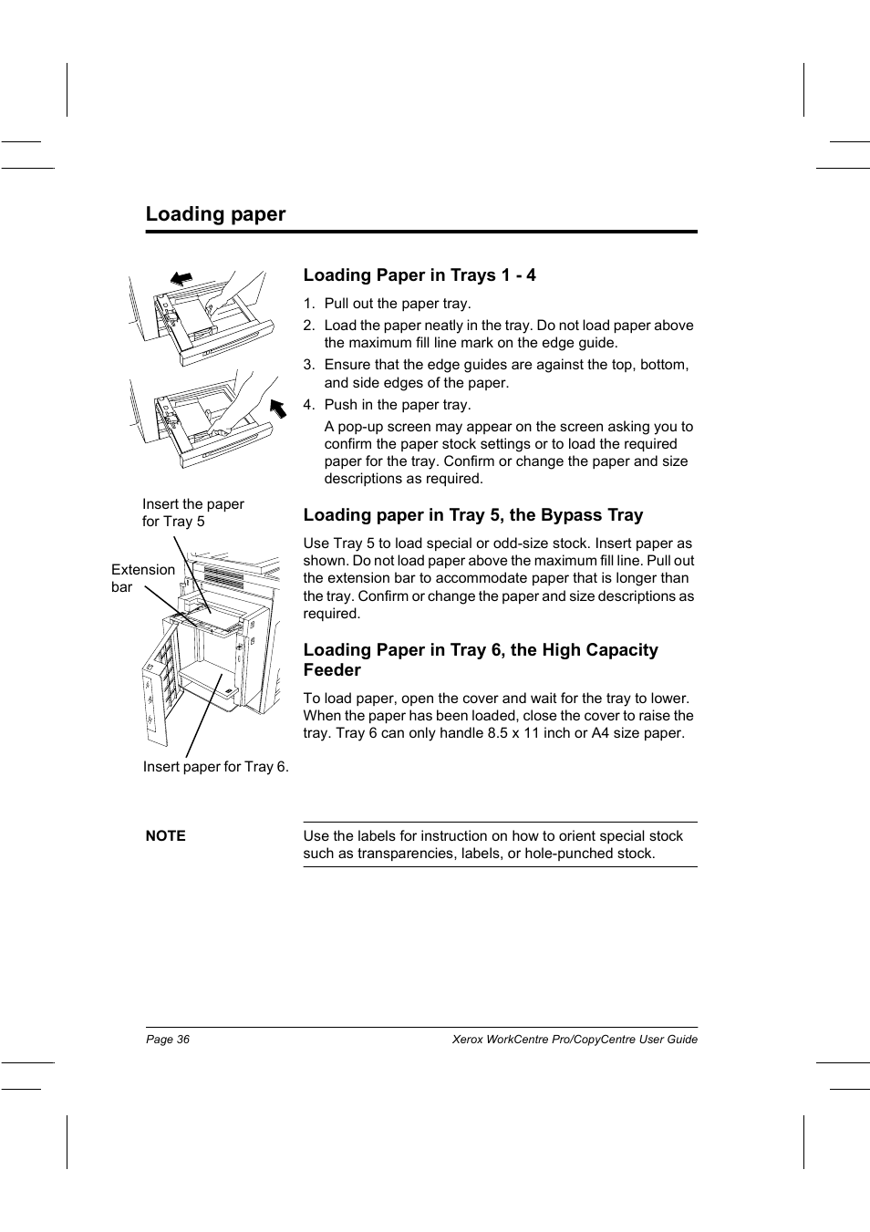 Loading paper, Loading paper in trays 1 - 4, Loading paper in tray 5, the bypass tray | Loading paper in tray 6, the high capacity feeder | Xerox WorkCentre Pro 75  EN User Manual | Page 50 / 99