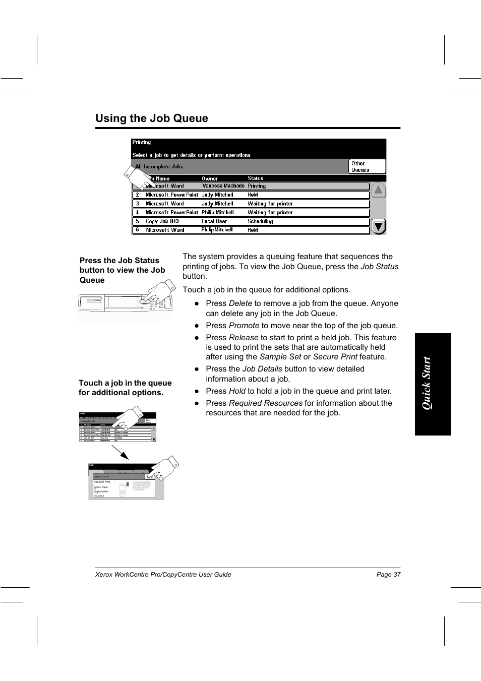 Using the job queue, Qui ck sta rt using the job queue | Xerox WorkCentre Pro 75  EN User Manual | Page 51 / 99