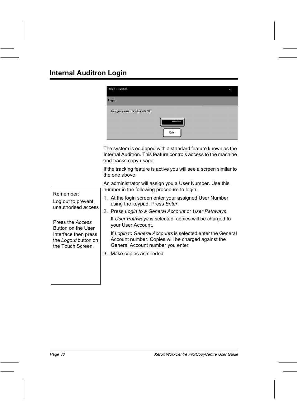 Internal auditron login | Xerox WorkCentre Pro 75  EN User Manual | Page 52 / 99