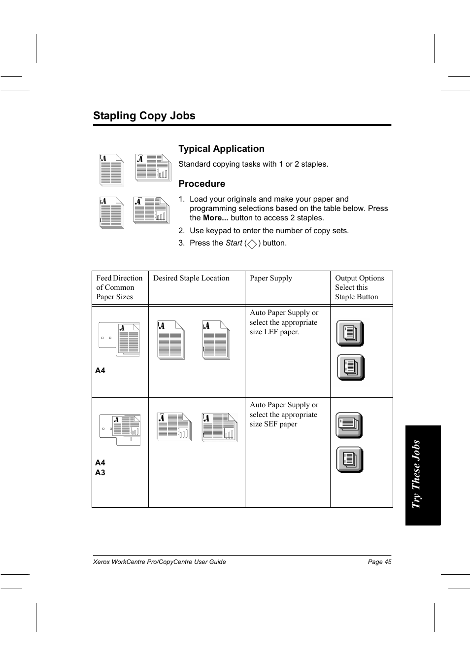 Stapling copy jobs, Try thes e jobs stapling copy jobs | Xerox WorkCentre Pro 75  EN User Manual | Page 59 / 99