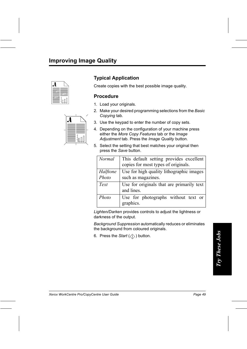 Improving image quality, Try thes e jobs improving image quality | Xerox WorkCentre Pro 75  EN User Manual | Page 63 / 99