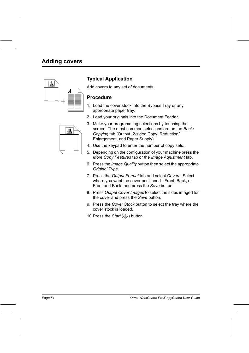 Adding covers, Typical application, Procedure | Xerox WorkCentre Pro 75  EN User Manual | Page 68 / 99