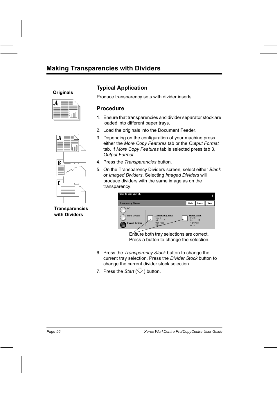 Making transparencies with dividers, Typical application, Procedure | Xerox WorkCentre Pro 75  EN User Manual | Page 70 / 99