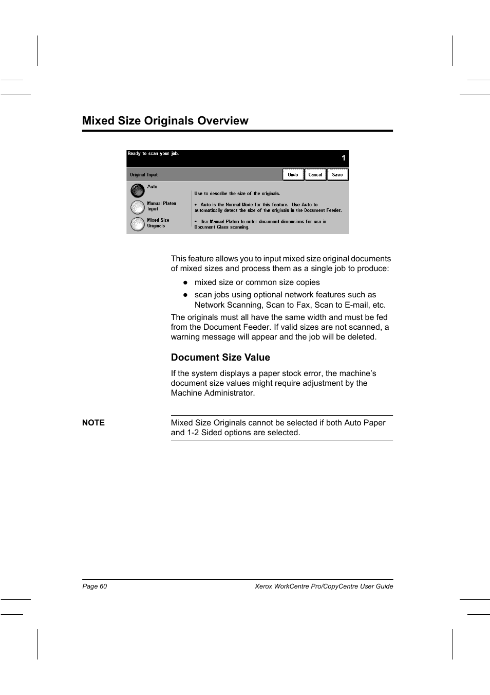 Mixed size originals overview, Document size value | Xerox WorkCentre Pro 75  EN User Manual | Page 74 / 99