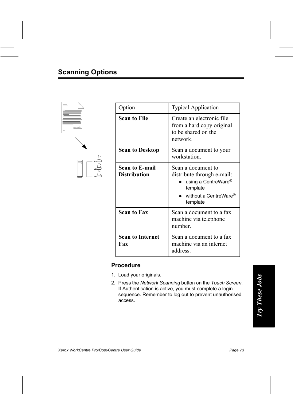 Scanning options, Try thes e jobs scanning options | Xerox WorkCentre Pro 75  EN User Manual | Page 87 / 99