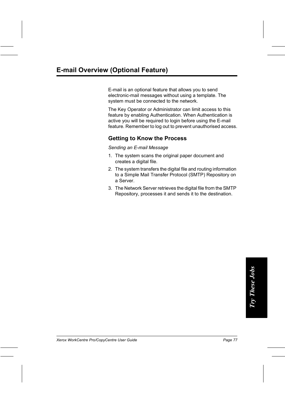 E-mail overview (optional feature), Try thes e jobs e-mail overview (optional feature) | Xerox WorkCentre Pro 75  EN User Manual | Page 91 / 99