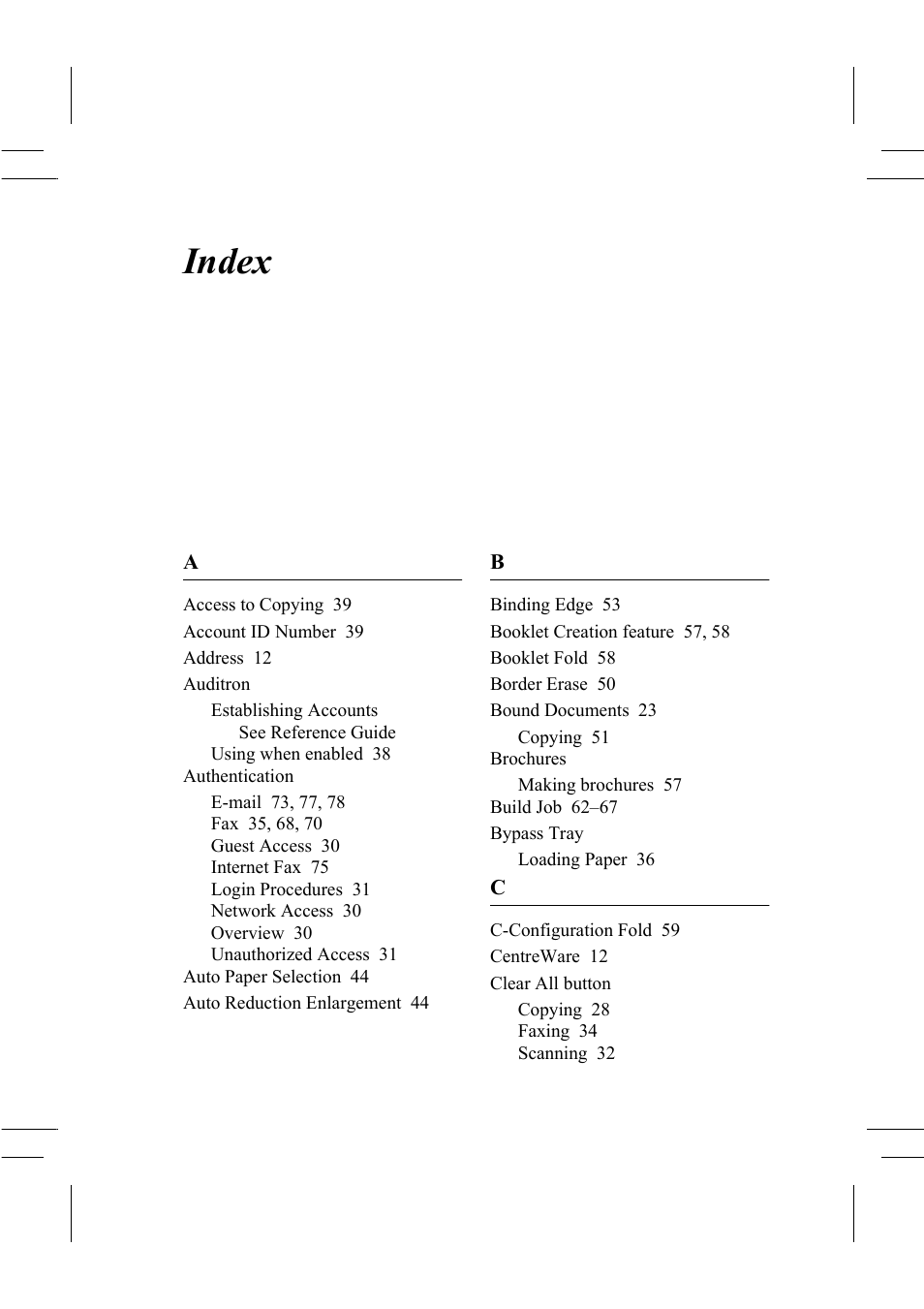 Index | Xerox WorkCentre Pro 75  EN User Manual | Page 95 / 99