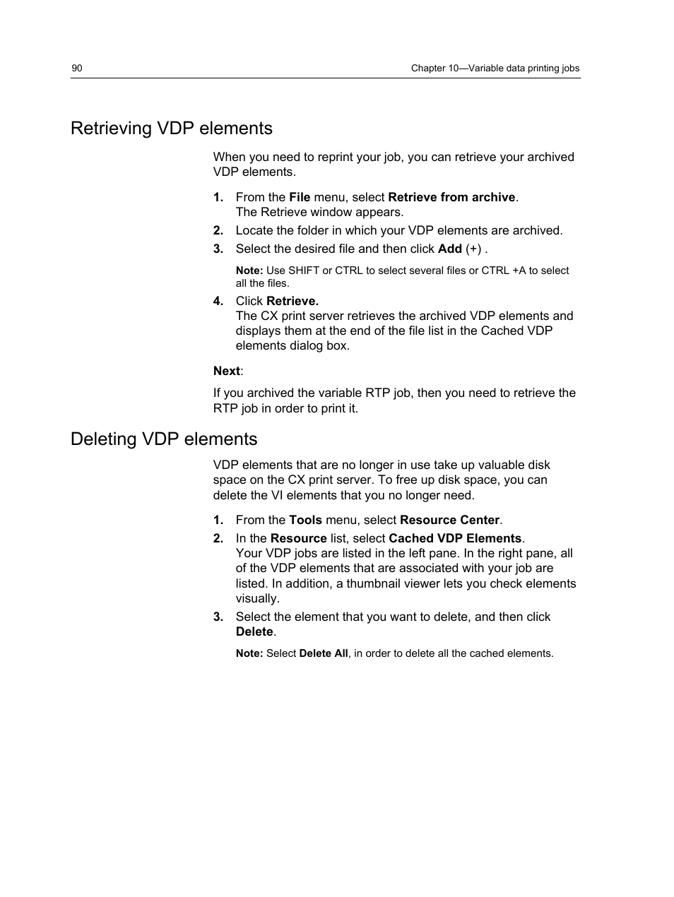 Retrieving vdp elements, Deleting vdp elements, Retrieving vdp elements deleting vdp elements | Xerox CX PRINT SERVER 560 User Manual | Page 100 / 166