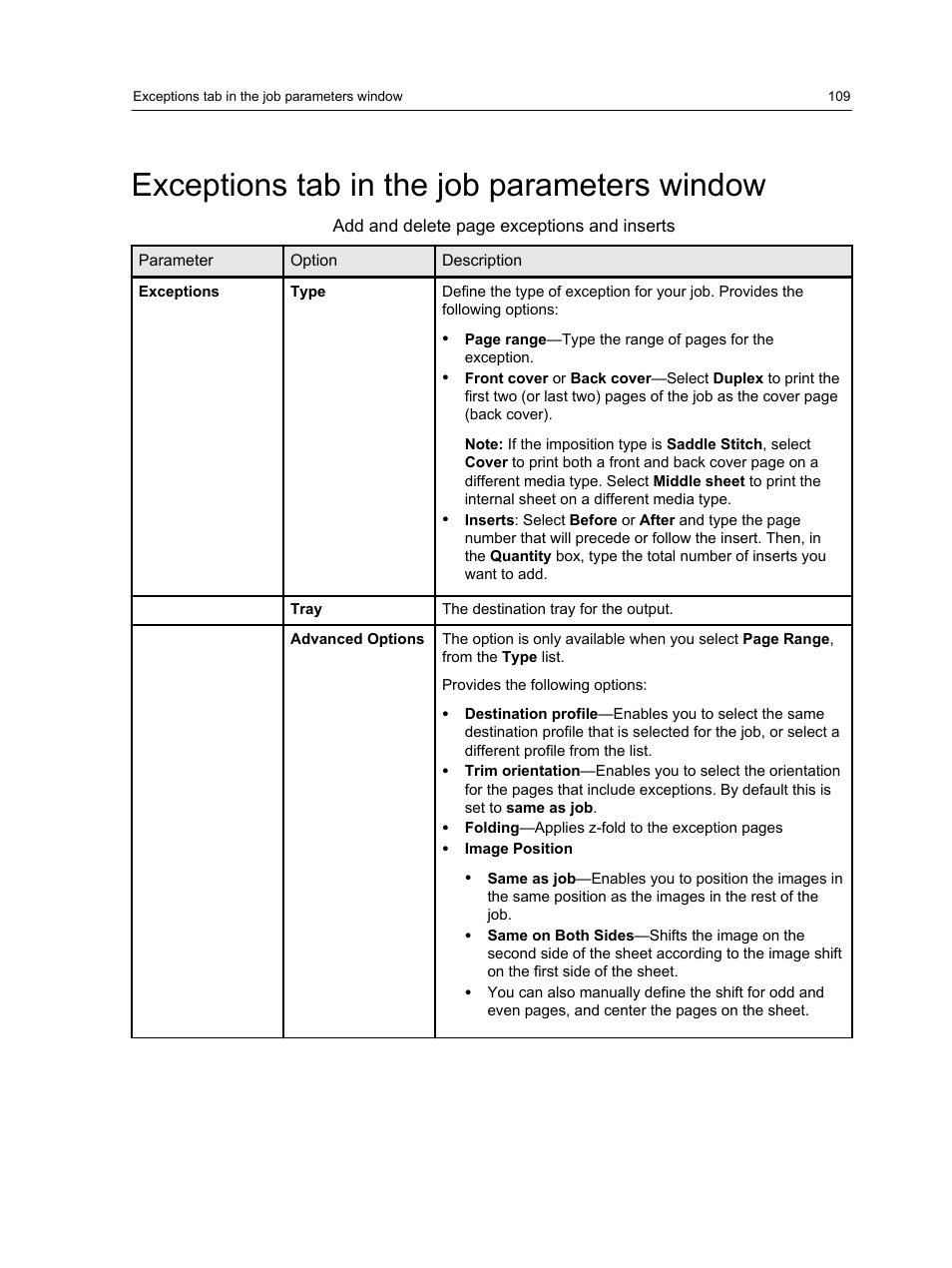 Exceptions tab in the job parameters window | Xerox CX PRINT SERVER 560 User Manual | Page 119 / 166