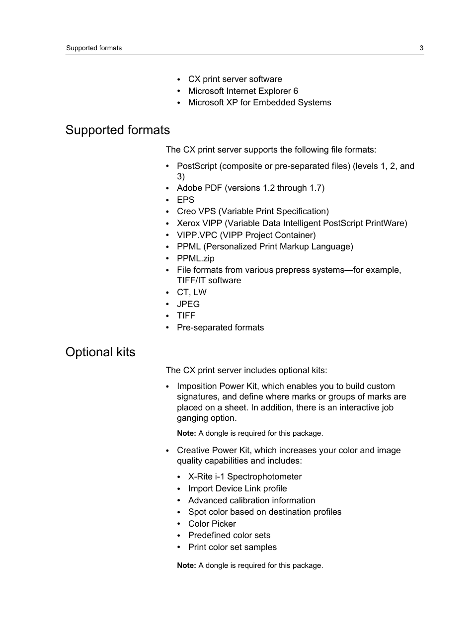 Supported formats, Optional kits, Supported formats optional kits | Xerox CX PRINT SERVER 560 User Manual | Page 13 / 166