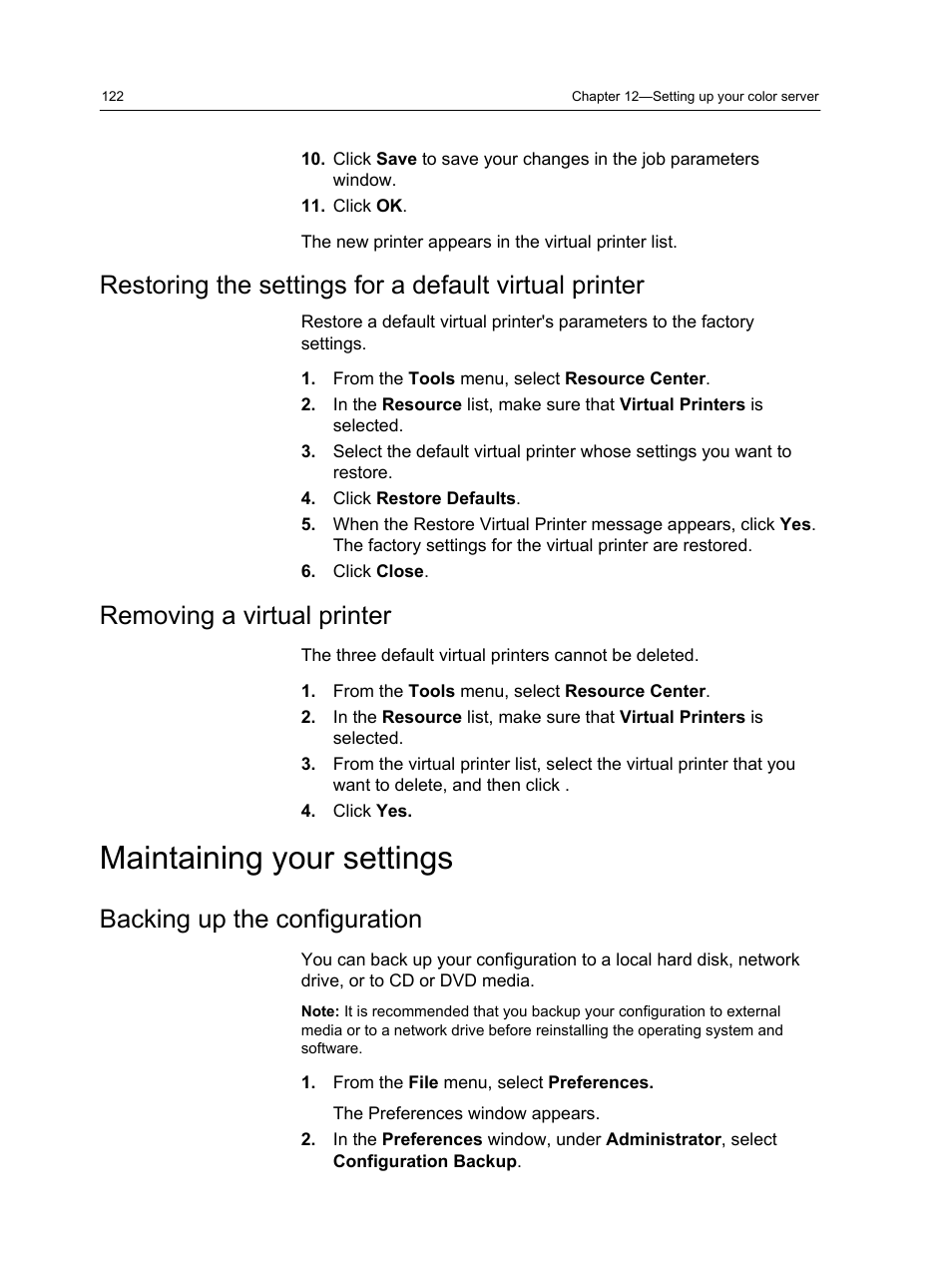 Removing a virtual printer, Maintaining your settings, Backing up the configuration | Xerox CX PRINT SERVER 560 User Manual | Page 132 / 166