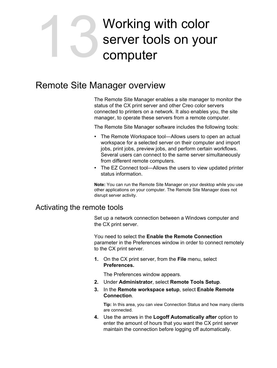 Working with color server tools on your computer, Remote site manager overview, Activating the remote tools | Xerox CX PRINT SERVER 560 User Manual | Page 135 / 166