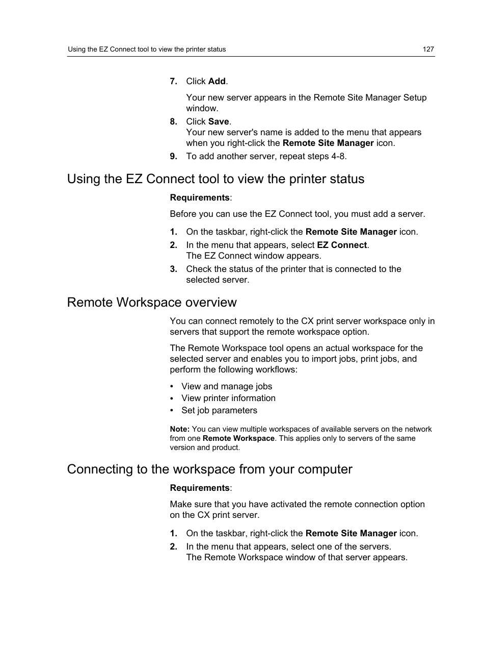 Remote workspace overview, Connecting to the workspace from your computer | Xerox CX PRINT SERVER 560 User Manual | Page 137 / 166